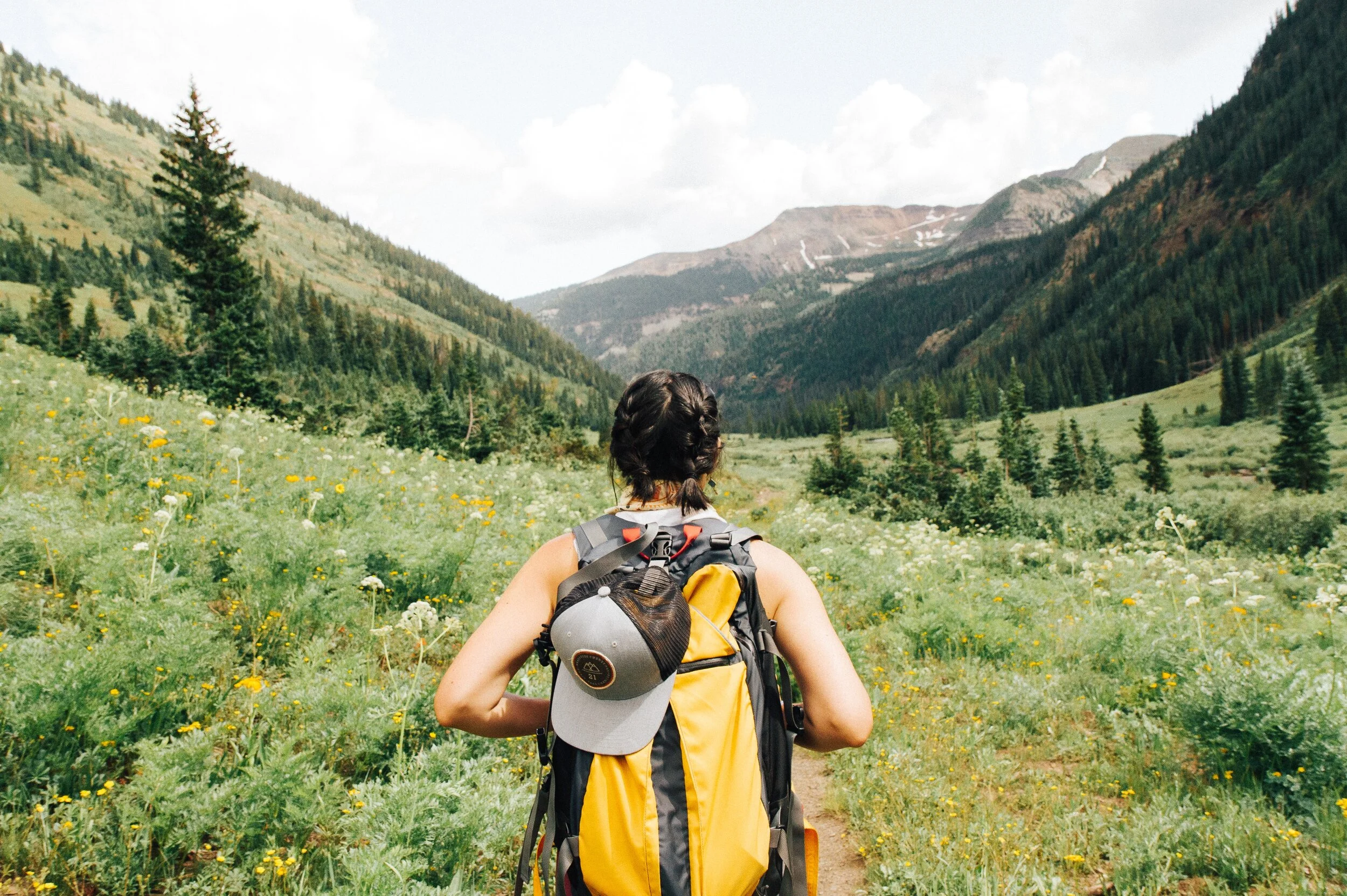 Person hiking in a mountain valley, carrying a yellow backpack, with a field of wildflowers and distant peaks in the background.
