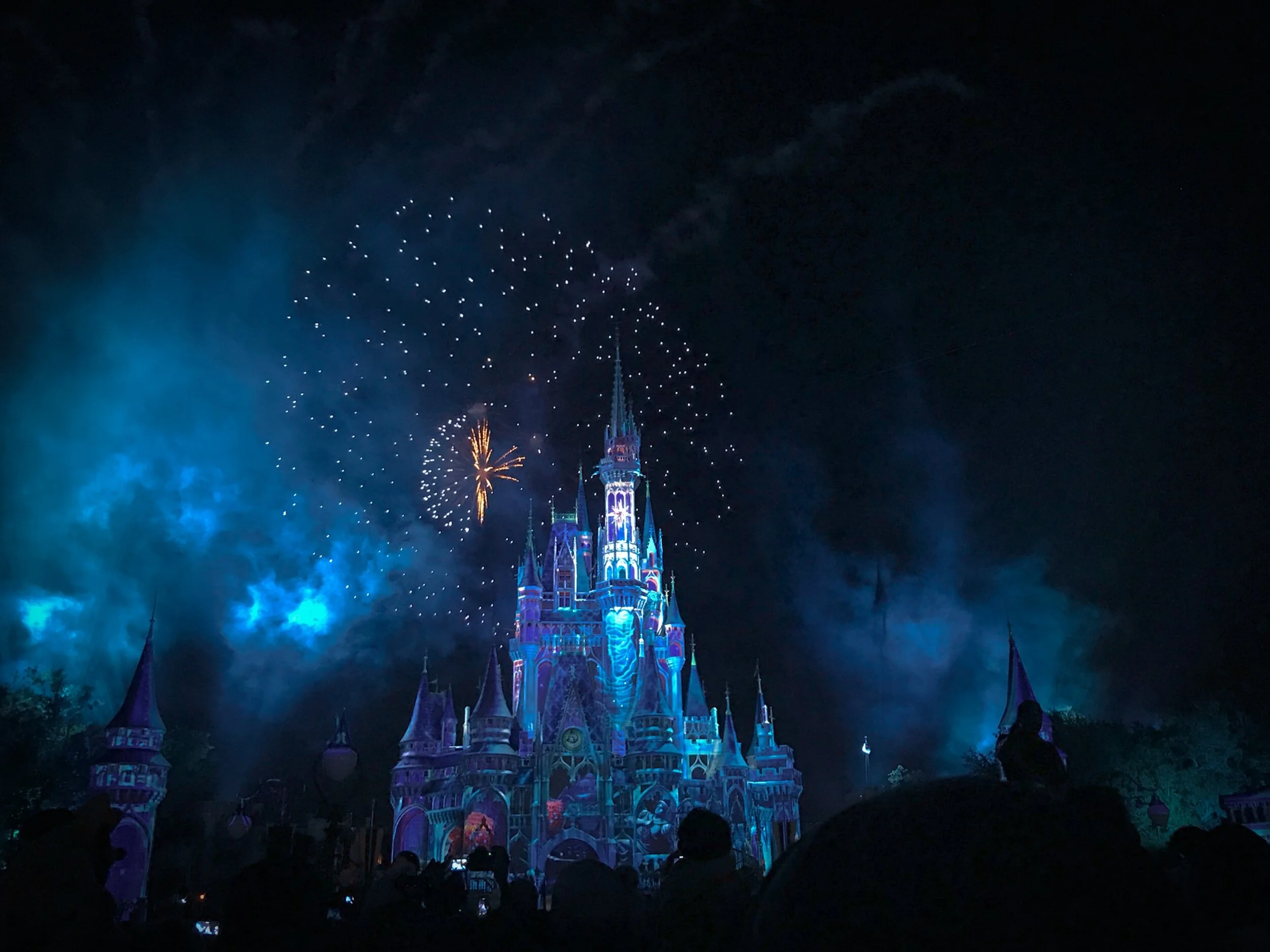 Colorful castle with fireworks in the night sky